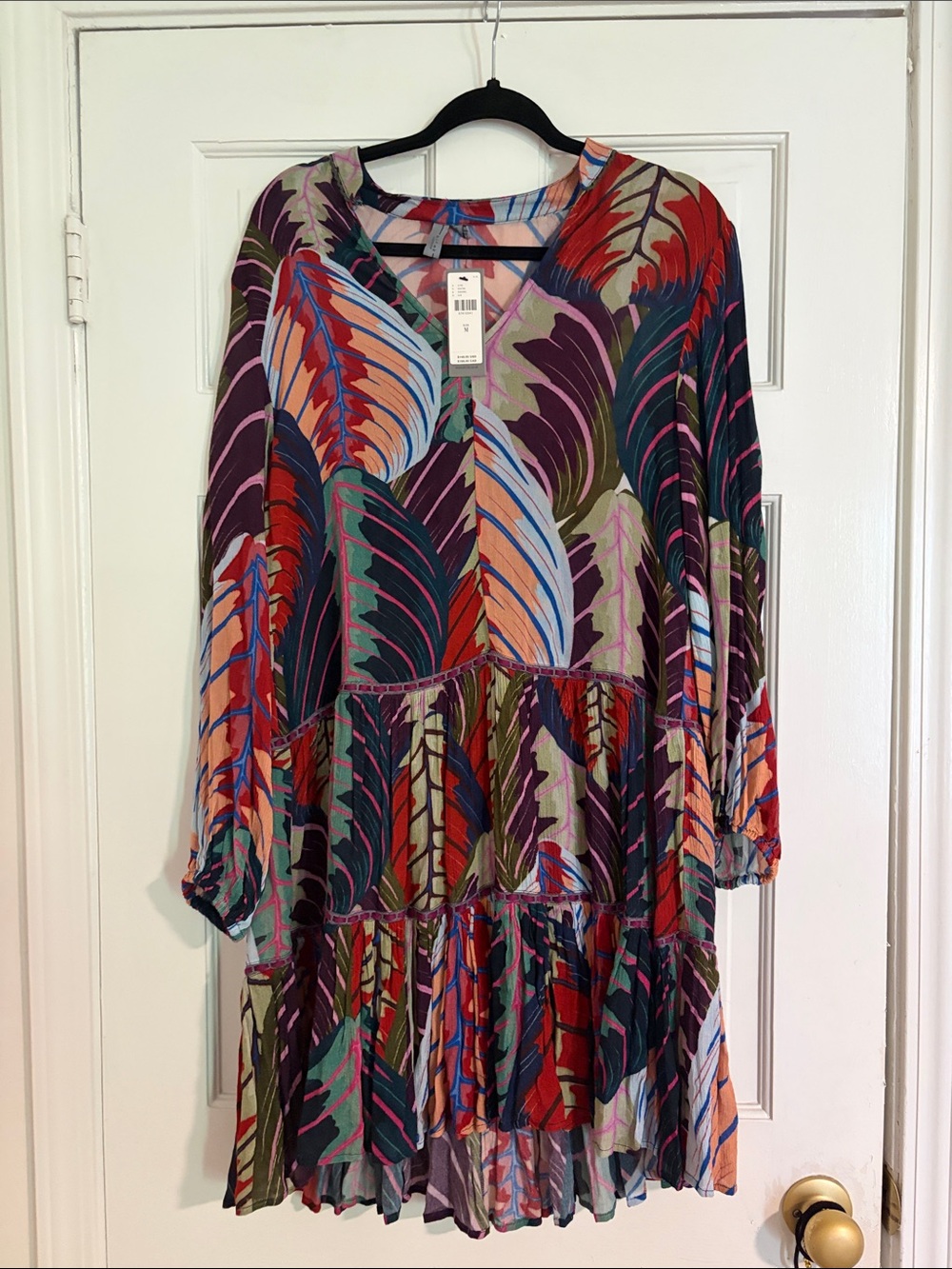 Anthropologie Multicolor Leaf-Print Long Sleeve Tiered Dress